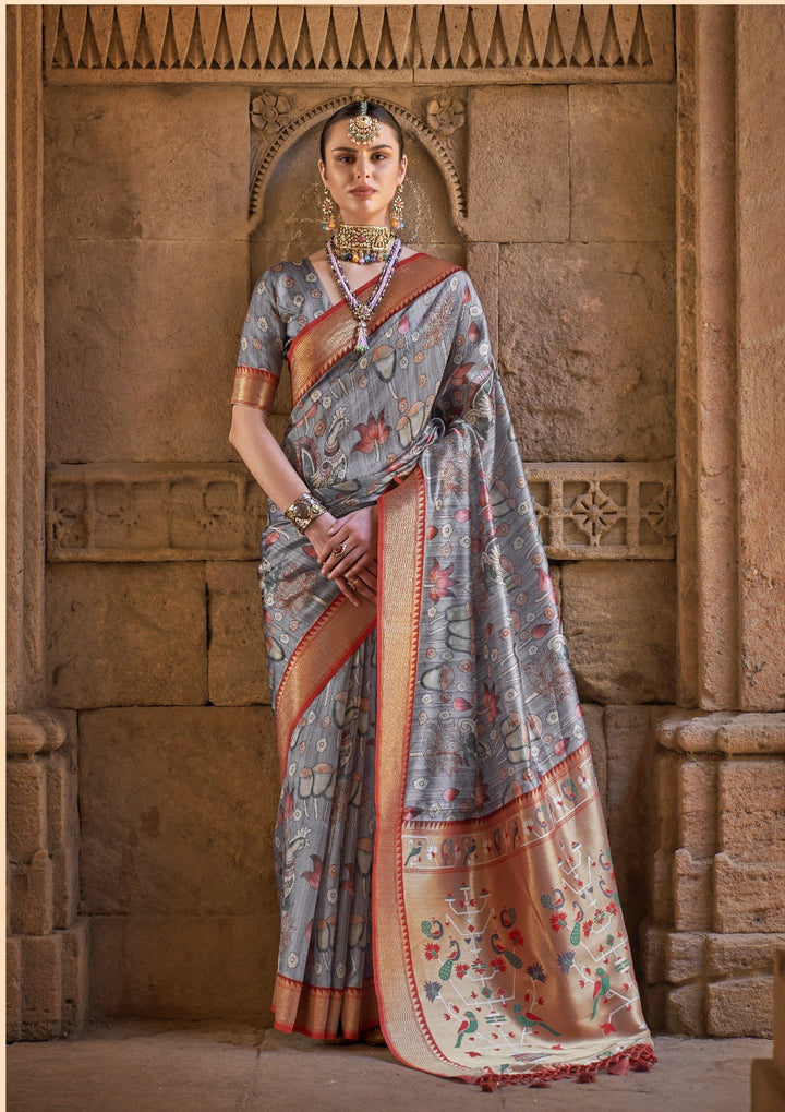 Premium Fabric Pathaini Saree With Digital Print - Grey IF