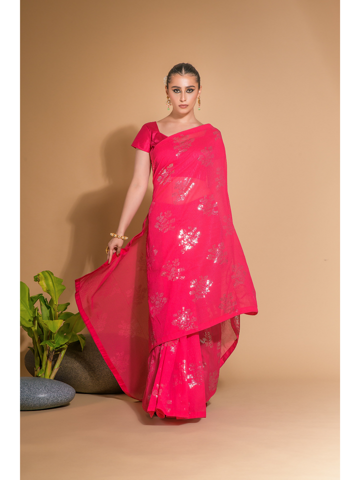 Premium Heavy Georgette Fabric Floral Saree IF - Pink