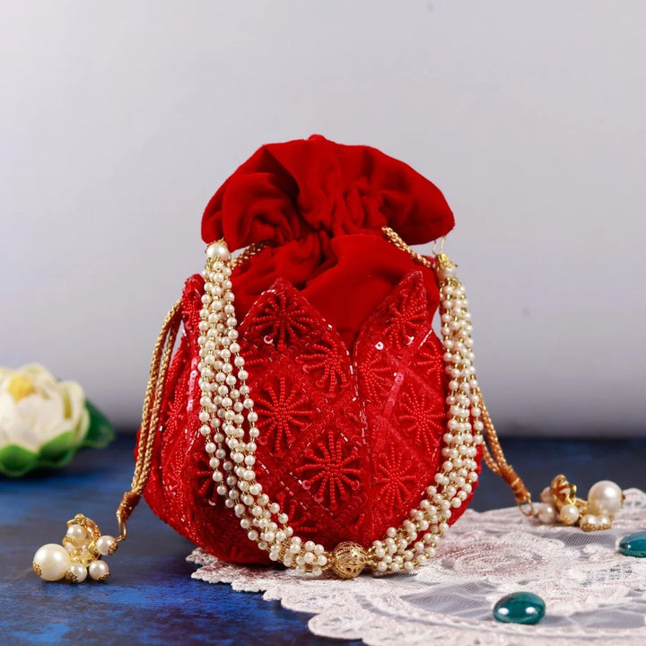 Ehsaas Hand Embroidered Lotus Potli Red