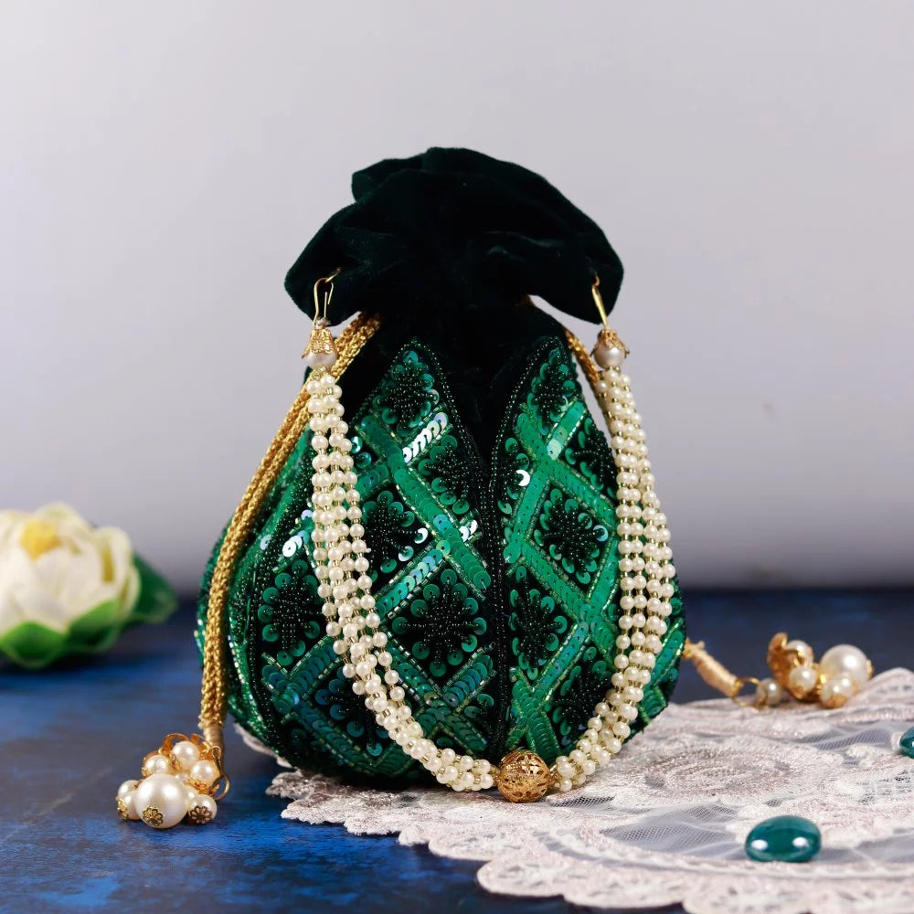 Ehsaas Hand Embroidered Lotus Potli Green