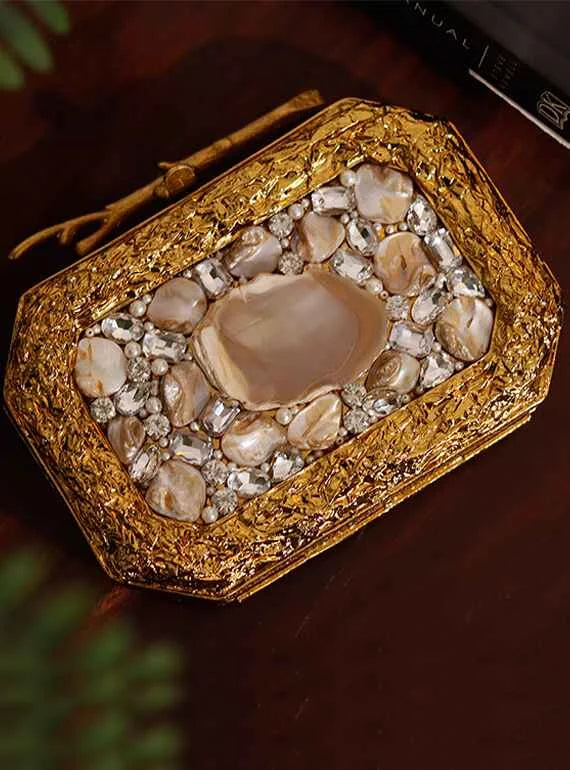 Burj Embellished Agate Stone Clutch - Golden