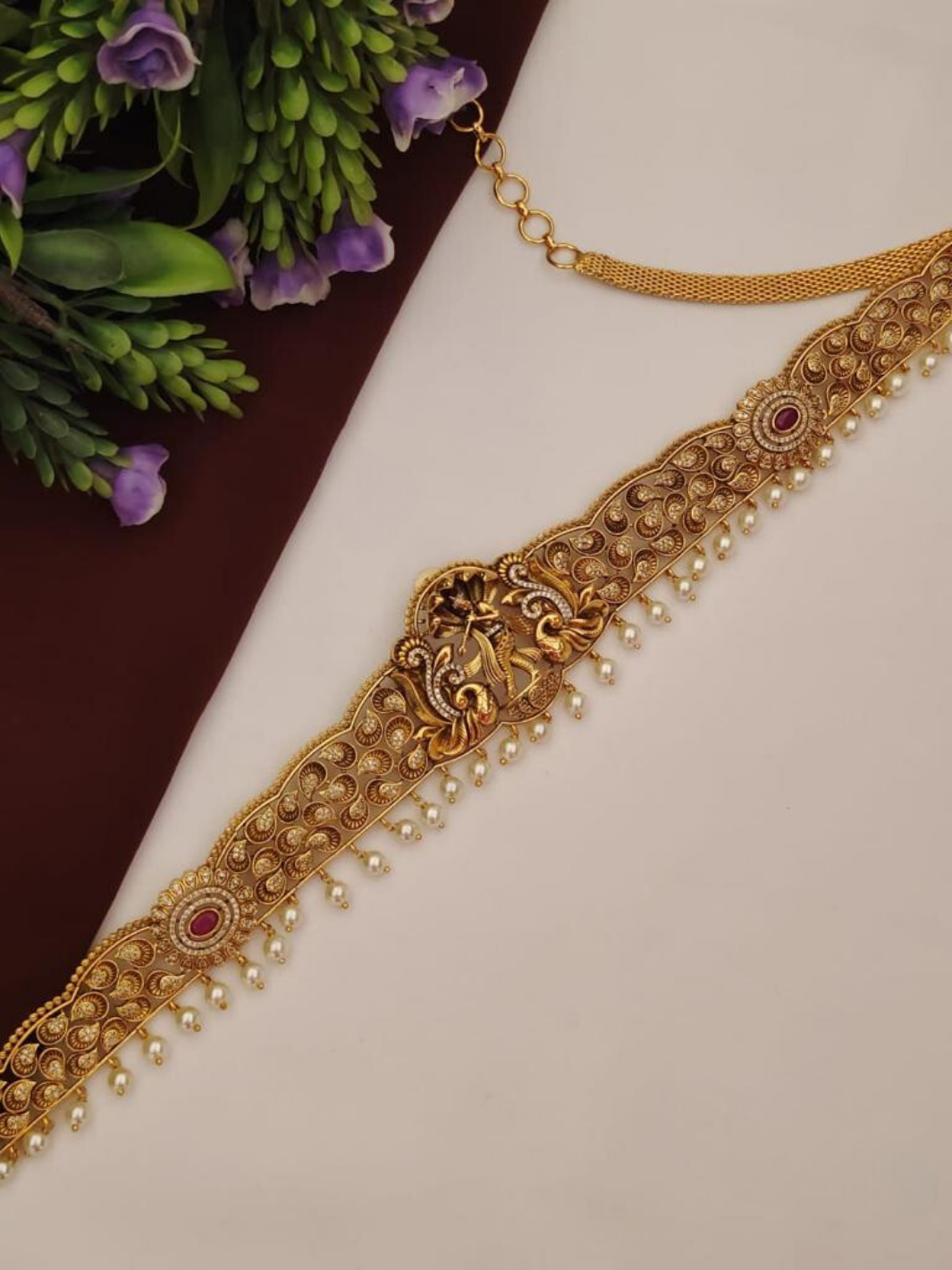 Kundan and beads temple jewellery hip belt (vaddanam) PC'S 320072