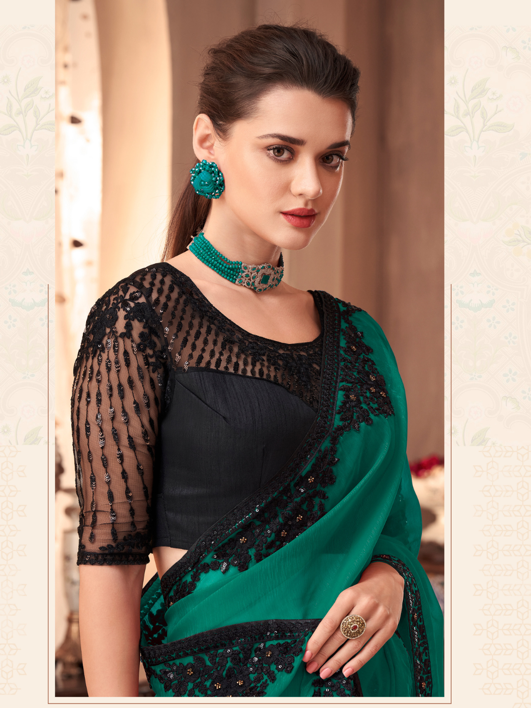 Premium golden weave silk saree IF - Green