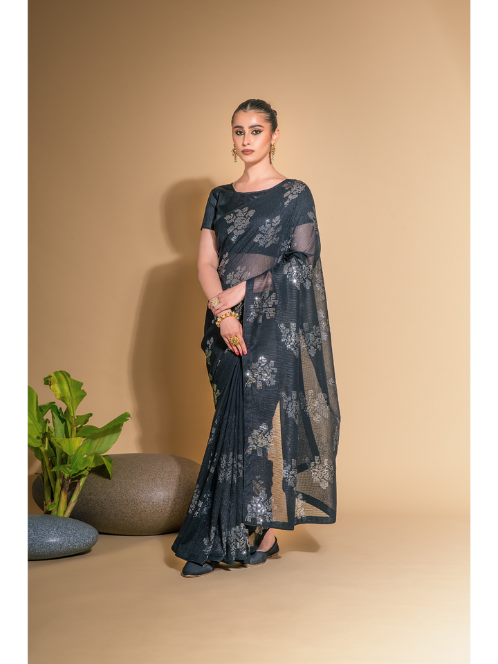 Premium Heavy Georgette Fabric Floral Saree IF - Black