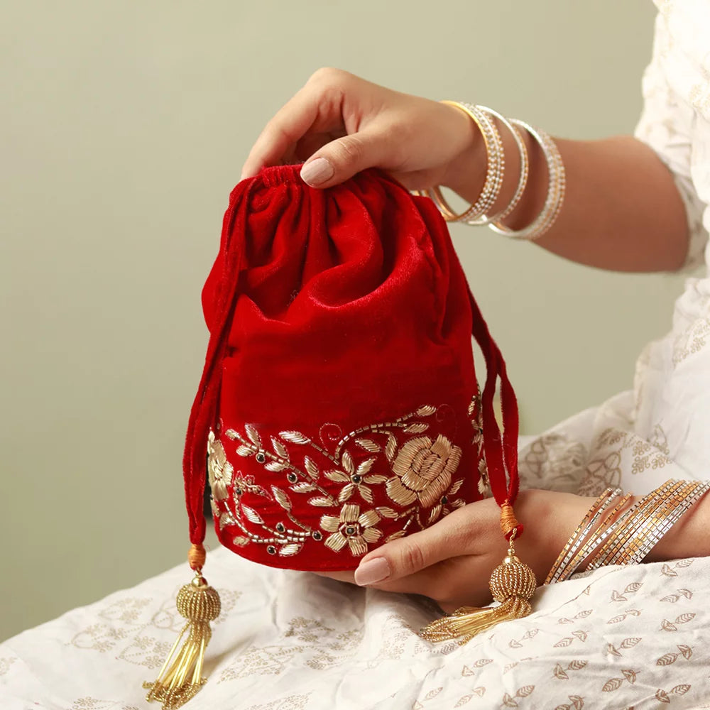 Lagan Red Bridal Zardozi Embroidered Potli TC