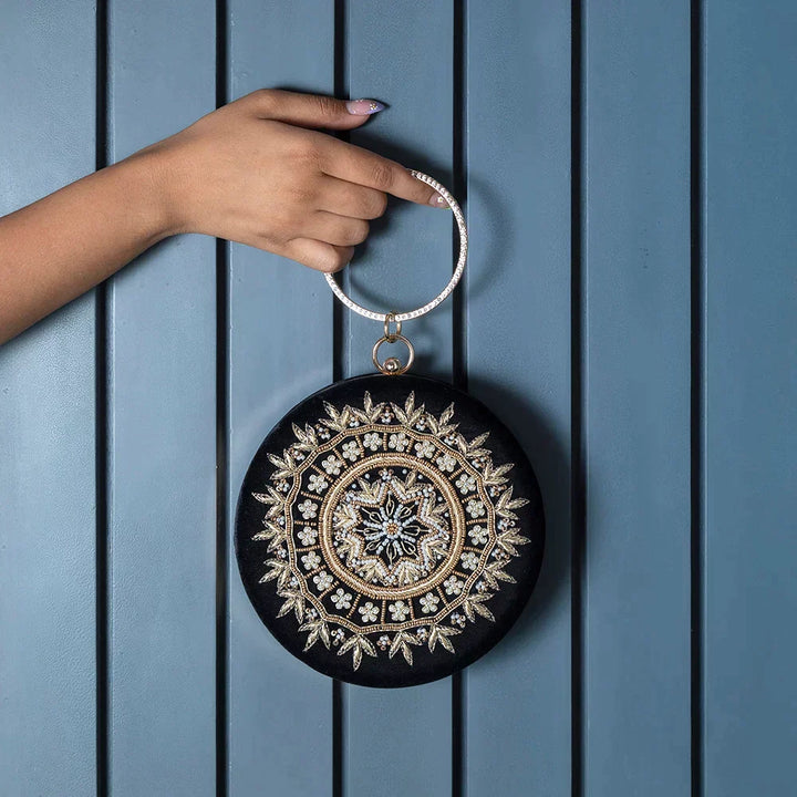 Ifrah Round Hand Embroidered Clutch - Black