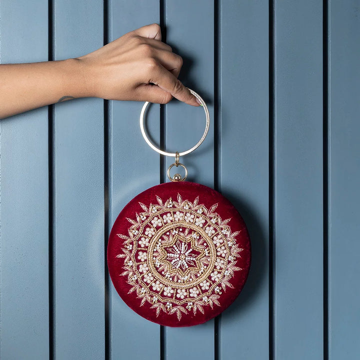 Ifrah Round Hand Embroidered Clutch - Maroon