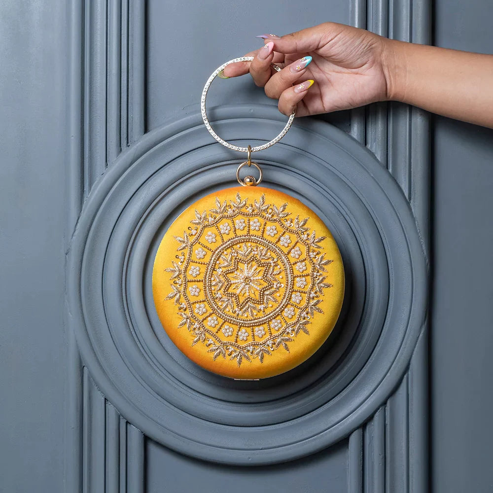 Ifrah Round Hand Embroidered Clutch - Yellow