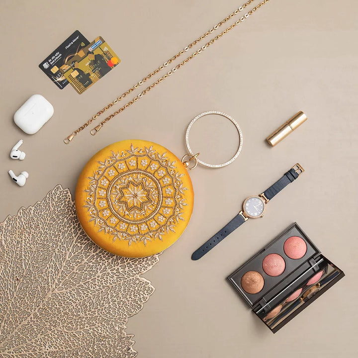 Ifrah Round Hand Embroidered Clutch - Yellow