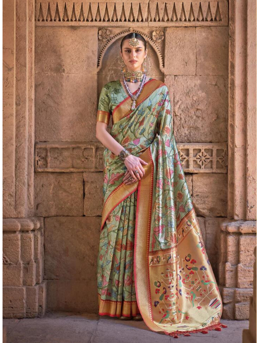 Premium Fabric Pathaini Saree With Digital Print - Green IF