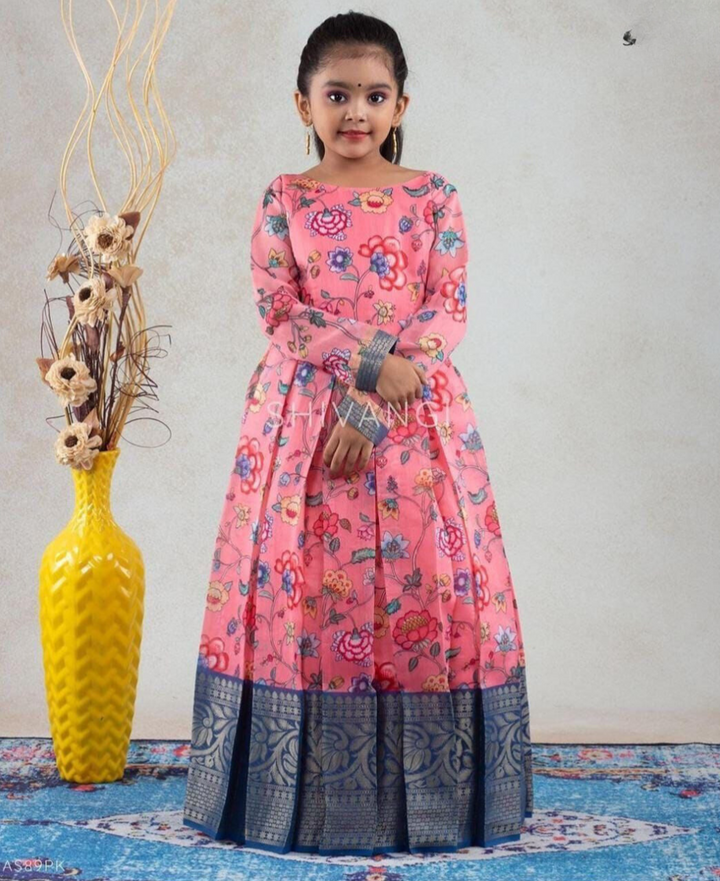 Designer Printed-Work Red Kids dresses with Zari Weaving Design
