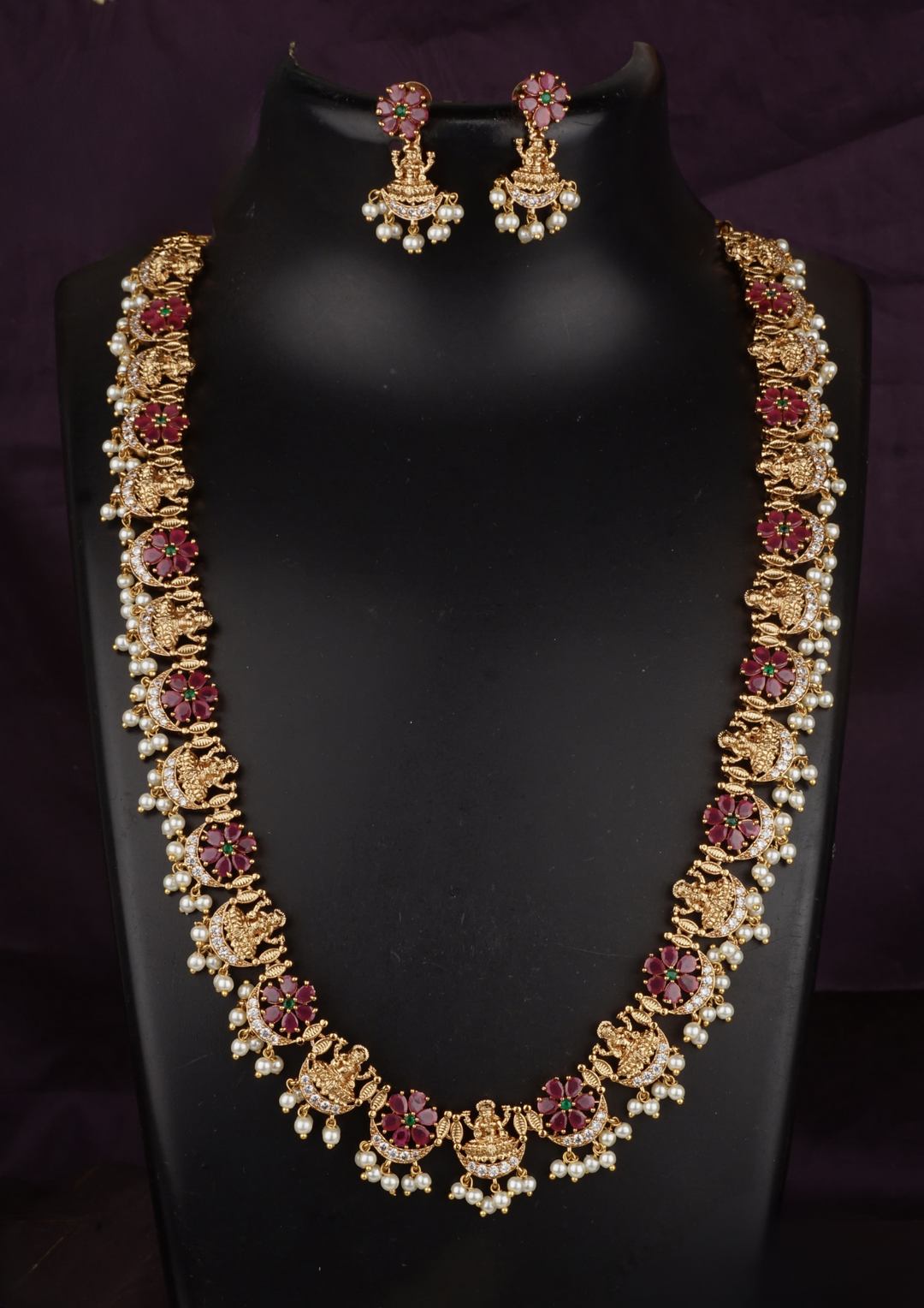 Kundan and beads Matt finish temple jewellery necklace set with earrings LC 1012020