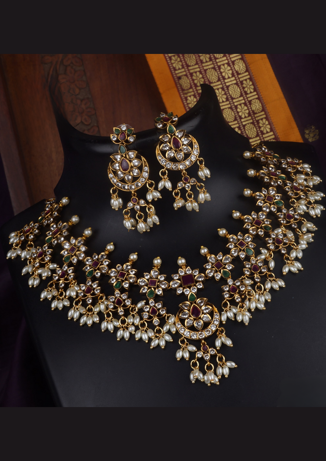 Kundan and beads Matt finish necklace set with earrings LC 1013520