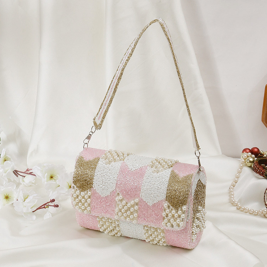 Pink and white flap bag