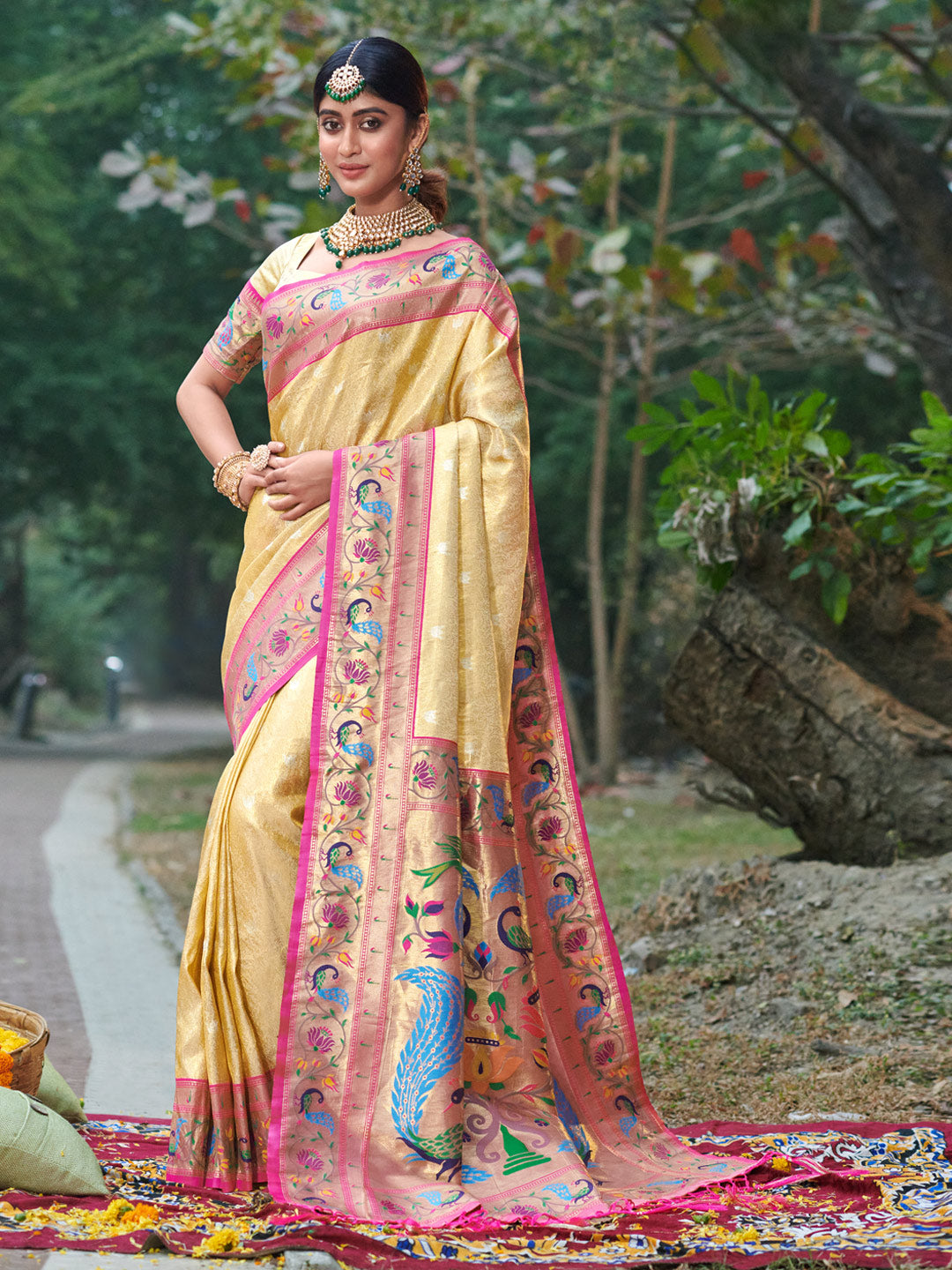 Premium Paithani Silk saree IF - Light Yellow