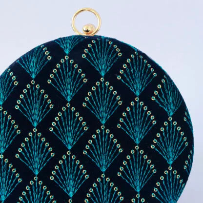 Amber Blue Resham Embroidered Round Clutch