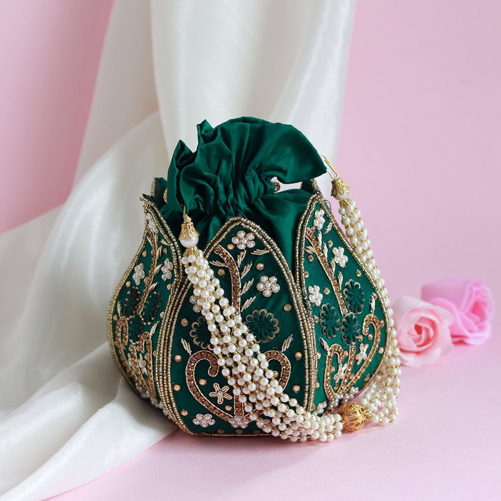 Bag Hand Embroidered Lotus Potli -  Green