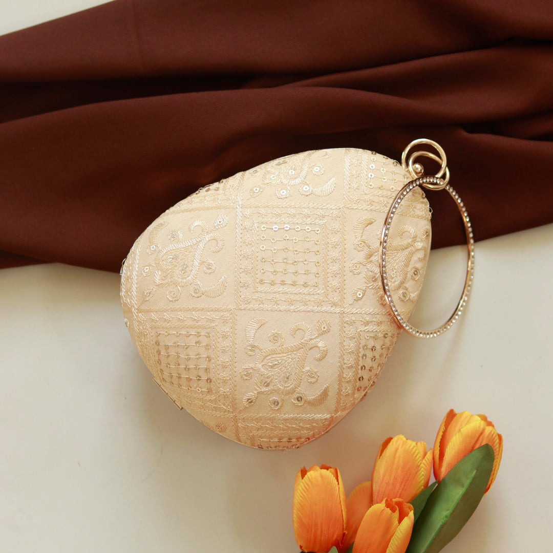 Delight Embroidered Clutch - Almond Shape - Beige